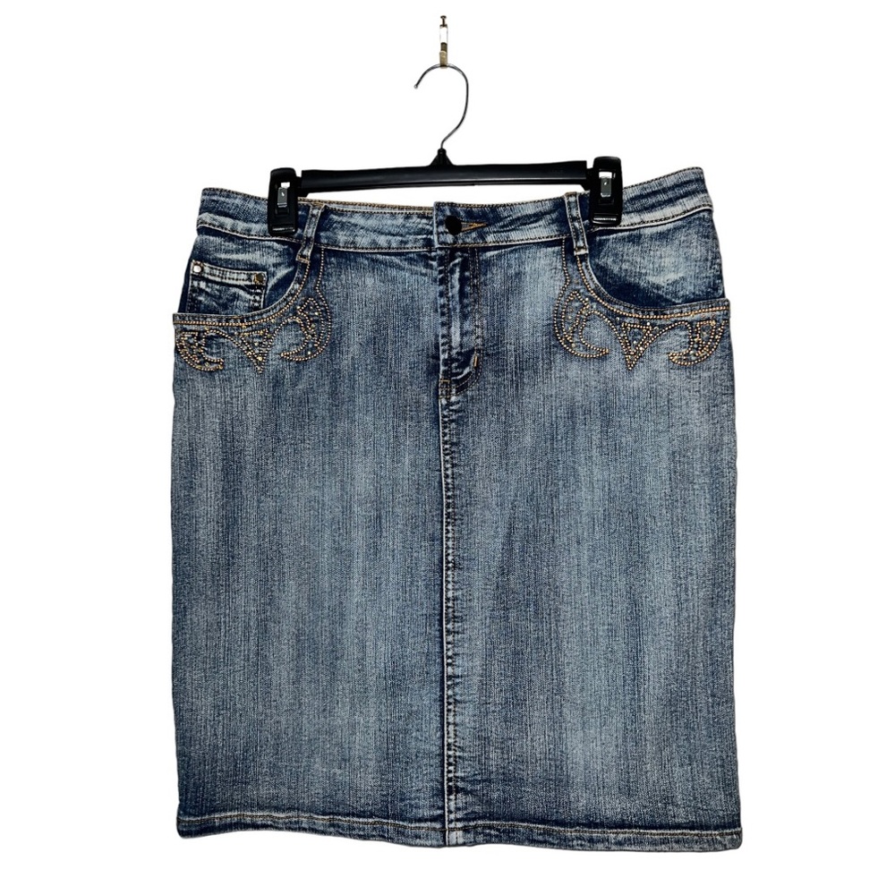 BOUTIQUE BRAND CACHE’ WESTERN DENIM SKIRT W/BLINGY EMBELLISHED POCKETS SIZE 10